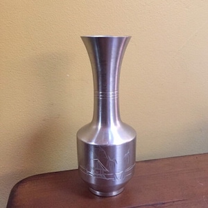 Vintage Singapore Pewter Bud Vase: Etched Palm Tree Scene