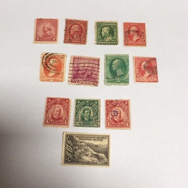 12 Vintage United States Stamps - 4 from US Philippine Islands