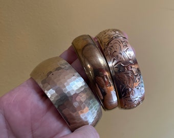 3 Brass Vintage Bangles - One Etched With Birds, One Hammered