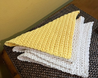 3 Hand Crocheted Washcloths - 2 Beige and 1 Yellow