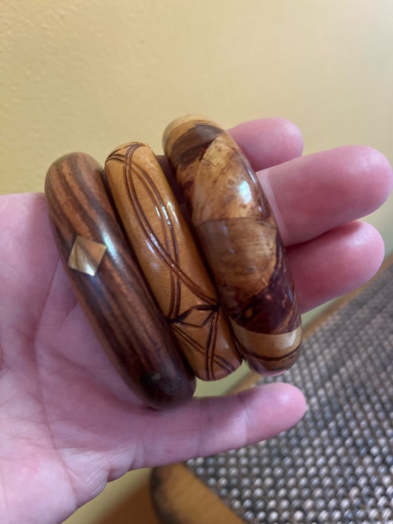 3 Vintage Brown Wooden Bangles - image 5
