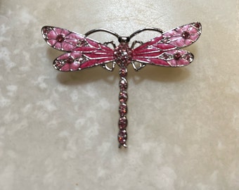 Broche libellule rose en strass - Broche libellule argentée