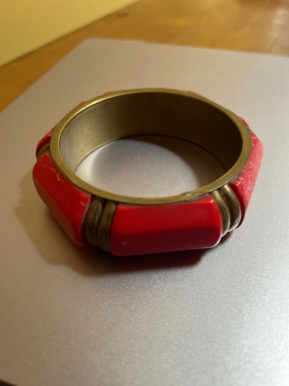 Red Lucite and Brass Bangle
