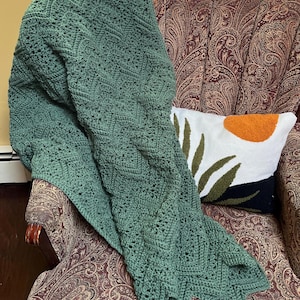 Crocheted Sage Green Fisherman’s Net Afghan - Handmade Crocheted Green Zigzag Couch Blanket