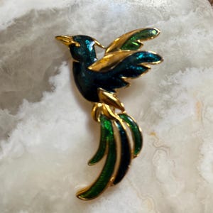 Blue and Green Enameled Gold Tone Bird Brooch - Vintage Bird of Paradise Pin