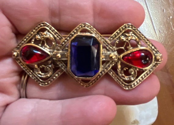 Large Victorian Style Bar Brooch - Blue Stone wit… - image 4