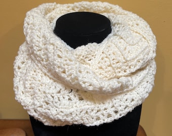 Hand Crocheted White Aran Infinity Scarf: Lightweight Acrylic