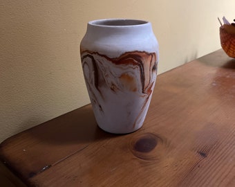 Nemadji Pottery Vase - Beige with Rust and Orange Swirls - U.S.A.