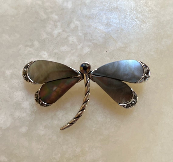 Monet Marcasite and Abalone Dragonfly Pin - Monet… - image 1