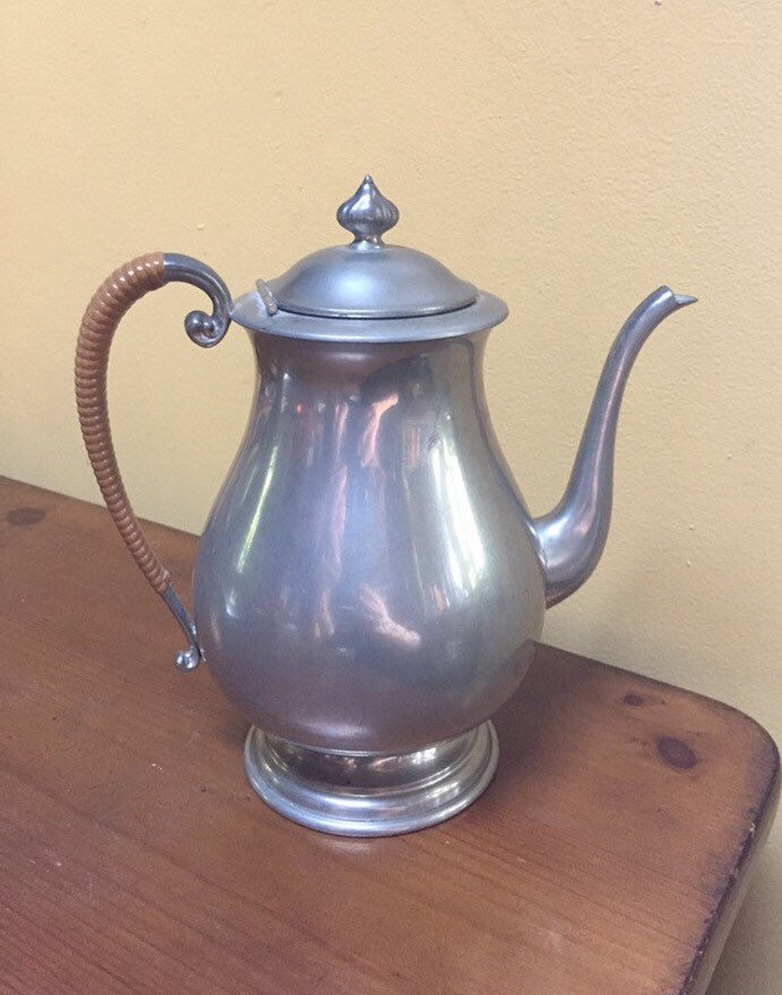 Hanle Distinctive American Pewter Teapot Wicker Handle Etsy