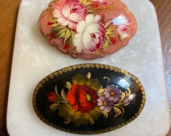 2 broches ovalados florales vintage pintados a mano