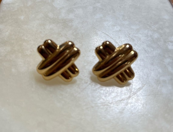 14K Gold Puffy X Stud Pierced Earrings - Marked C - image 1