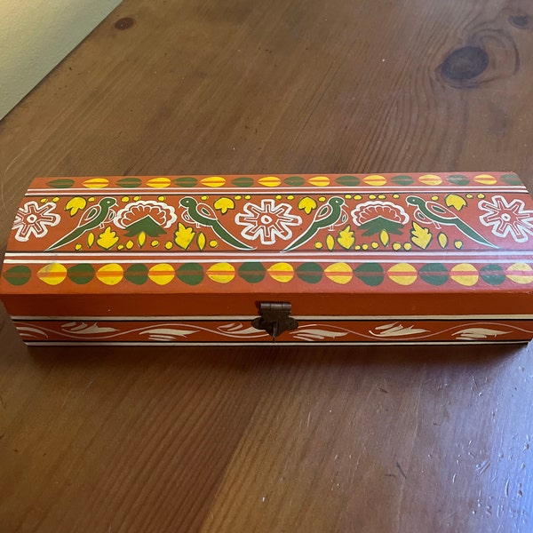 Rectangular Orange, Yellow amd Green Hand Painted Wooden Box