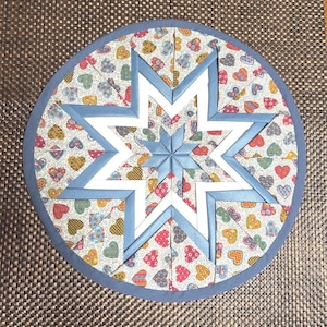 Quilted Folded Star Shades of Blue with Hearts Table Topper - 14" Diameter