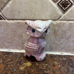 Marble Owl Figurine with Blue Eyes: Pale Pink Stone Decor