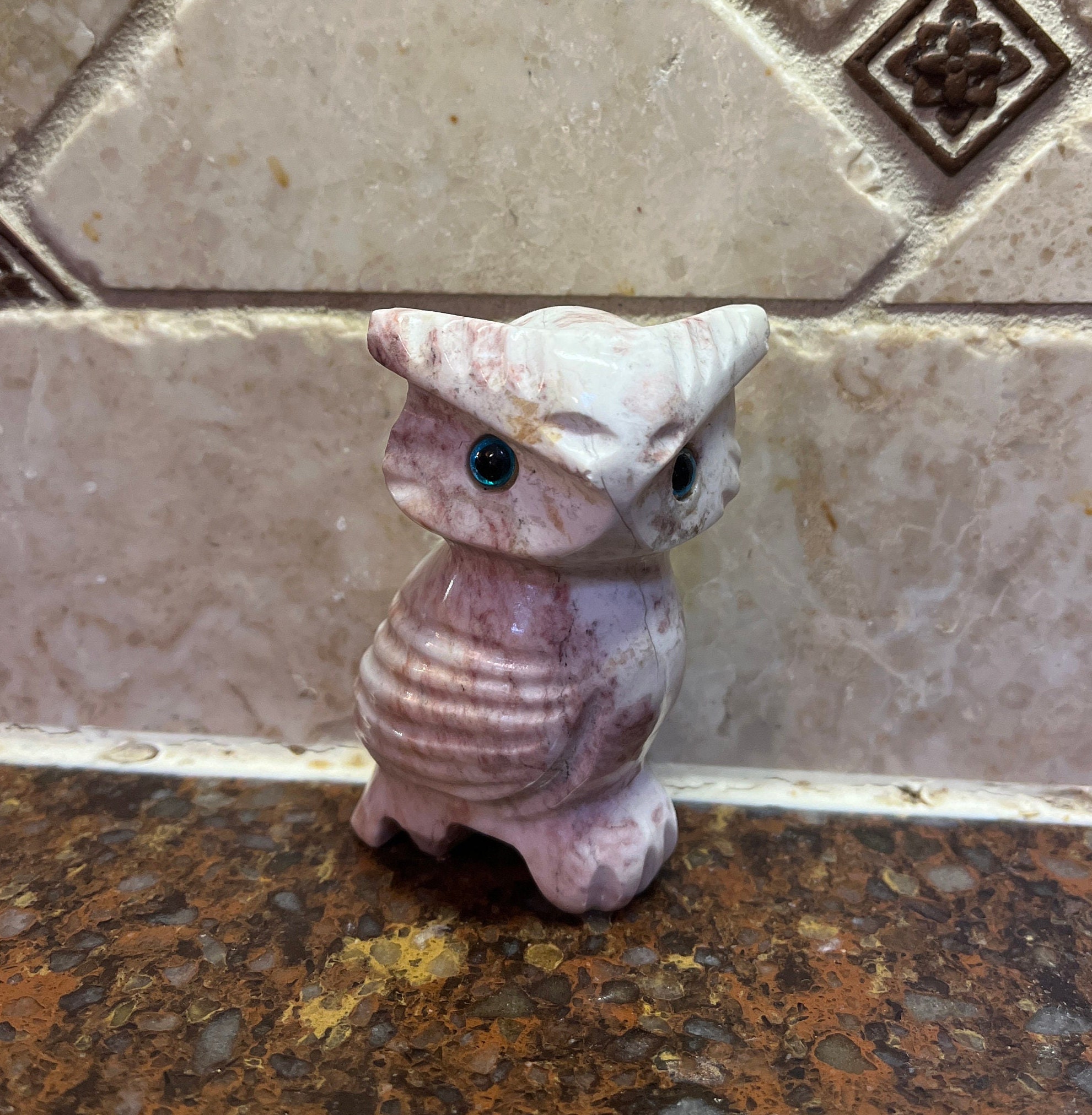 Marble Owl Figurine with Blue Eyes -  Stone Owl Figurine