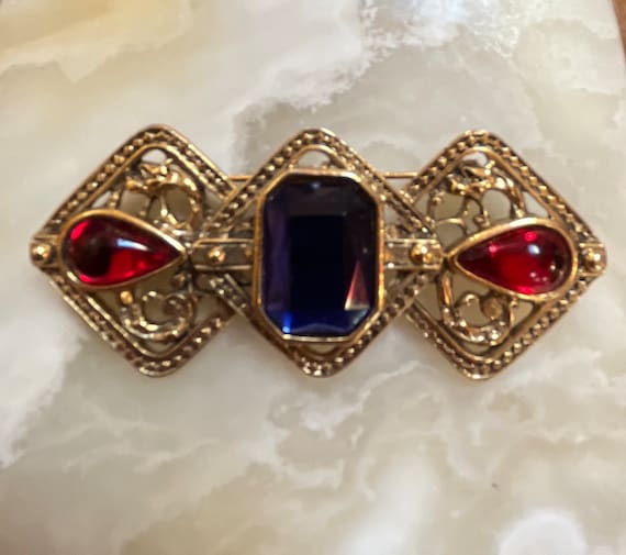 Large Victorian Style Bar Brooch - Blue Stone wit… - image 2
