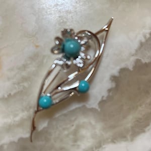 Sarah Coventry Silver Tone Floral Brooch with Faux Turquoise Cabochons