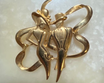 JJ Jonette Gold Tone Couple Brooch - Art Deco Style