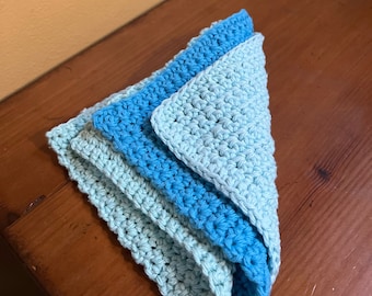 3 Hand Crocheted Cotton Washcloths - Shades of Aqua and Bright Blue