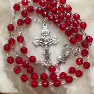 Red Rosary Beads with Silver Tone Cross - Italy