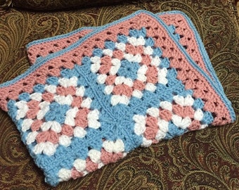 Hand Crocheted Granny Square Baby Blanket: Pink, Blue & White Afghan
