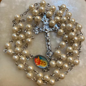 Silver Tone Faux Pearl Rosary
