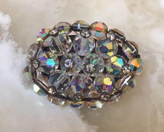 Vintage Crystal Beaded Oval Brooch - Oval Crystal… - image 1