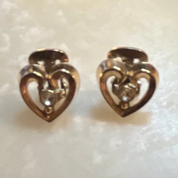 Crown Trifari Gold tone Heart Clip On Earrings