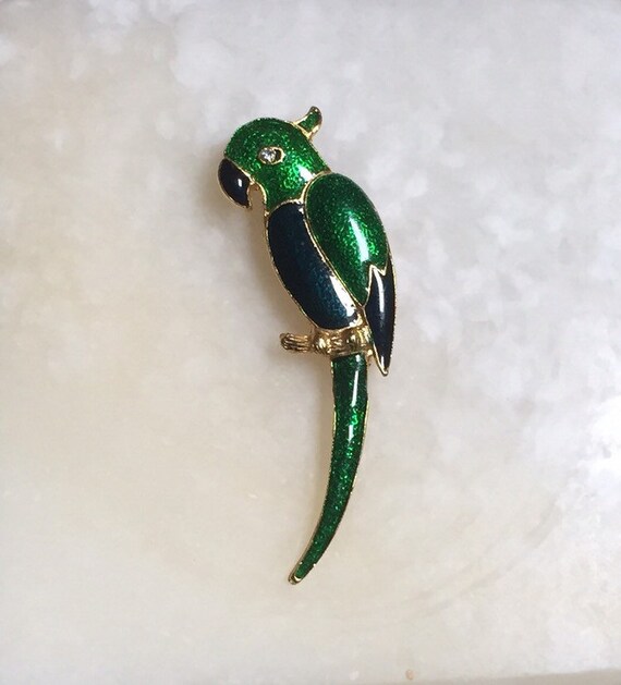 Green and Blue Enameled Gold Tone Parrot Brooch Vintage Green