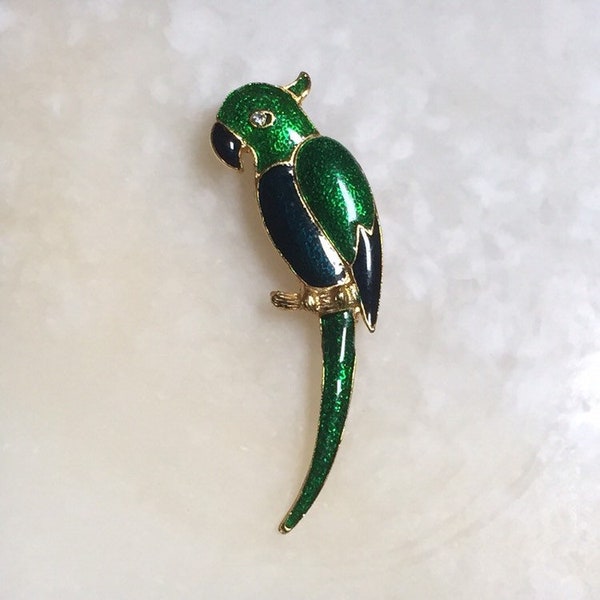 Green and Blue Enameled Gold Tone Parrot Brooch - Vintage Green Parrot Pin