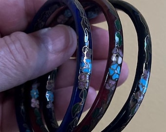 Set of 3 Cloisonné Bangles - Red, Blue, and Black Bracelets - 2 1/2&quot; Diameter