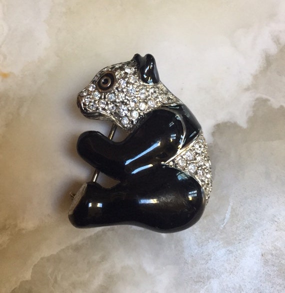 Rhinestone Panda Bear Pin: Black Enamel Brooch - image 1
