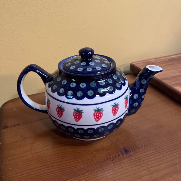 Boleslawiec Blue Strawberry Teapot - Poland