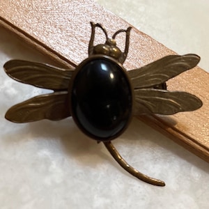 Brass and Black Cabochon Dragon Fly Brooch