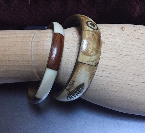 2 Brown and Beige Bone Inlaid Brass Bangles - image 1