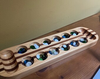 Vintage Inlaid Wood Mancala Game - Wooden Mancala Game