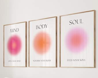 Positive Aura Posters, Mind Body Soul set of 3, Colorful aura poster, grainy gradient, Aura poster set, Positive aura, Affirmation poster