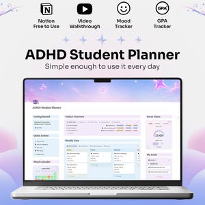 Puede incluir: Una pantalla de portátil que muestra una interfaz de planificador para estudiantes con TDAH, con secciones de resumen diario, vista semanal, temporizador de enfoque y objetivos. Fondo degradado en violeta y rosa con estrellas y nubes.