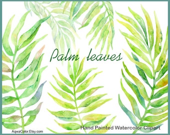 Acuarela clipart hojas de palma - uso comercial clipart hojas verdes clipart hoja de palma floral clipart boda clip art vegetación png set