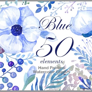 Watercolor Flower Clipart Blue – handpainted watercolor clip art commercial use blue flowers clipart wedding clipart floral leaves png set
