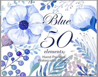 Watercolor Flower Clipart Blue – handpainted watercolor clip art commercial use blue flowers clipart wedding clipart floral leaves png set