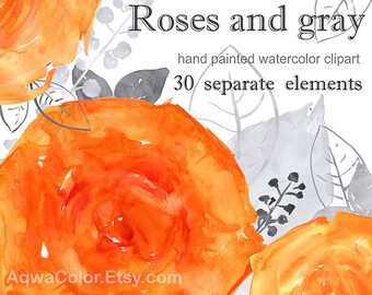 Watercolor clipart Roses and Gray, hand painted  clipart commercial use, orange roses  clipart, scrapbooking, individual elements digital