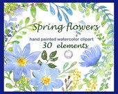 Spring flowers - watercolor clipart commercial use clipart blue flowers watercolor floral spring  scrappbooking invitation png leaves leaf