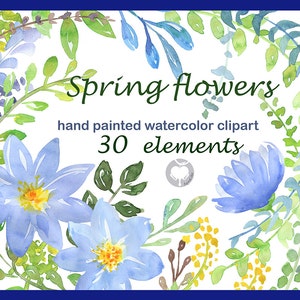 Spring flowers - watercolor clipart commercial use clipart blue flowers watercolor floral spring  scrappbooking invitation png leaves leaf