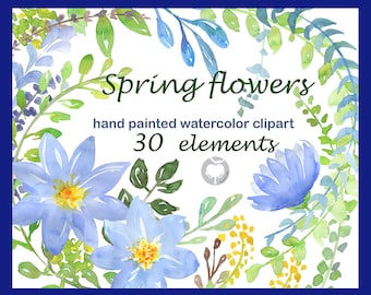 Spring flowers - watercolor clipart commercial use clipart blue flowers watercolor floral spring  scrappbooking invitation png leaves leaf