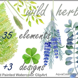 Puede incluir: Ilustraciones de acuarela de hierbas silvestres, incluyendo lavanda, tr&eacute;bol y hojas de eucalipto. Hay 35 elementos y 3 dise&ntilde;os en este conjunto de clipart pintado a mano.