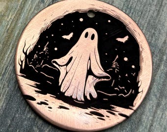 Engraved Ghost Pet ID Tag: Copper or Brass Halloween Dog Tag