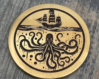 Engraved Kraken Pet ID Tag: Tentacled Sea Monster Pirate Ship Design Metal Dog Collar Accessory