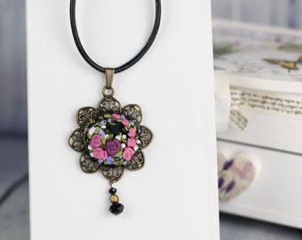 Hand rococo embroidered necklace, floral pendant, brass gold, black faux leather cord, floral embroidery